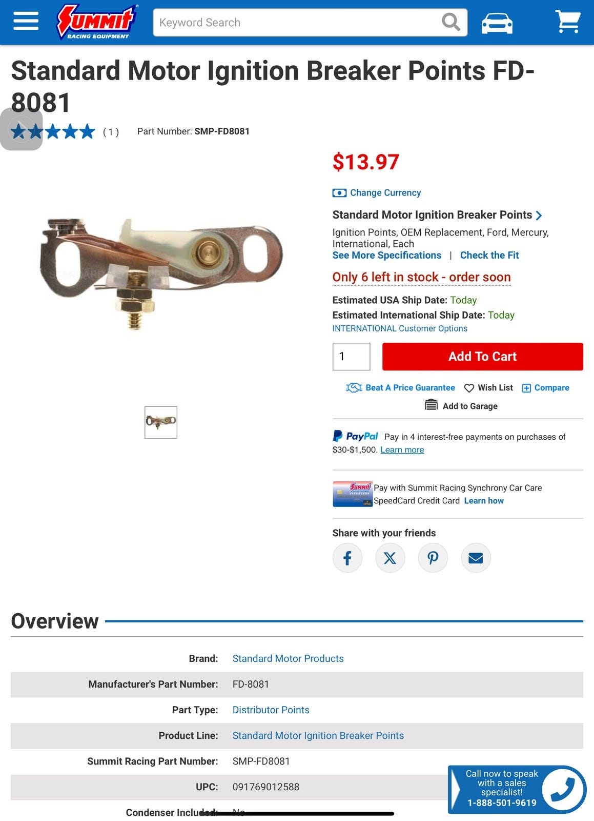 Standard Motor Ignition Breaker Points FD-8081 | DBA