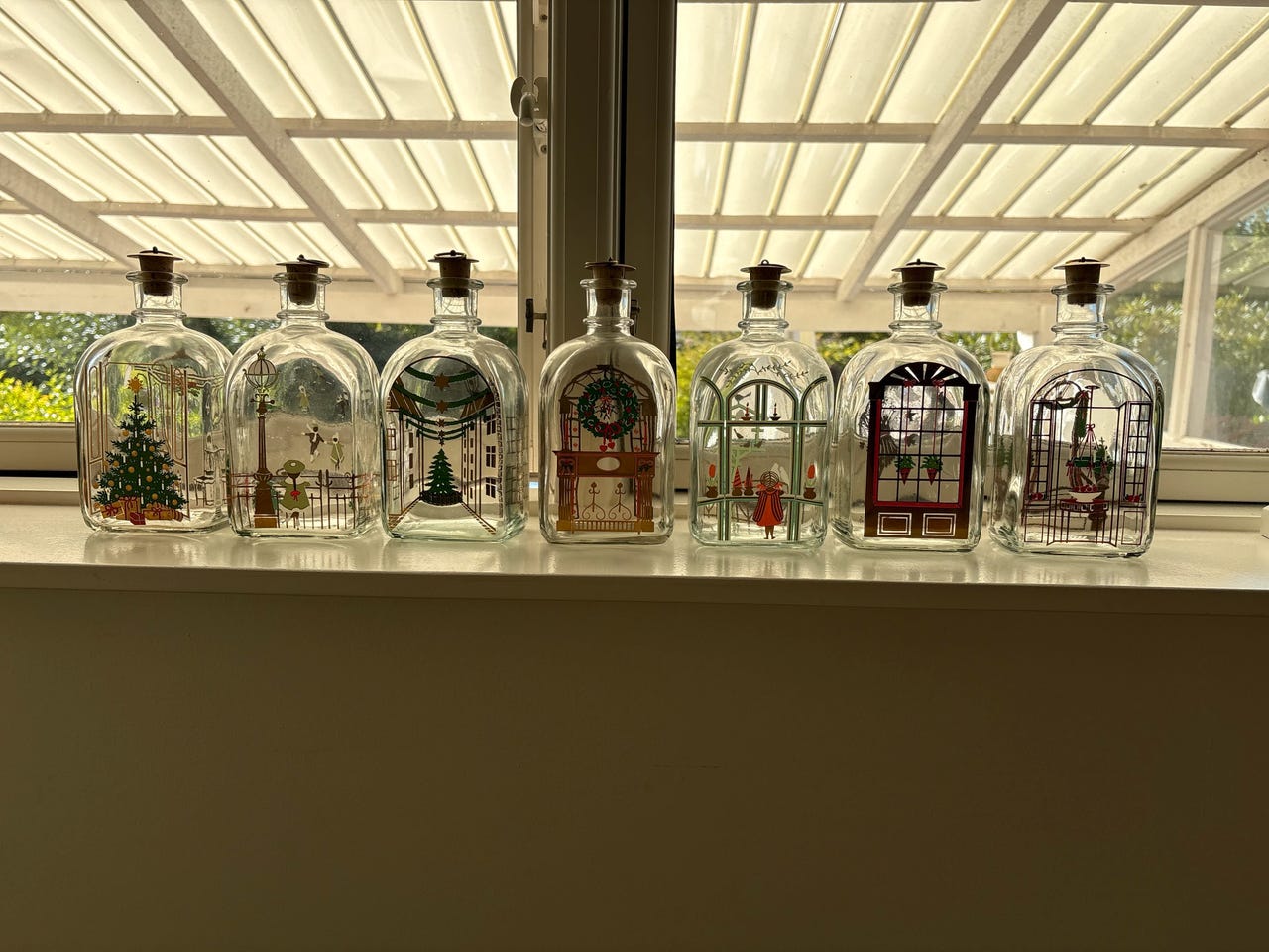 Holmegaard juleflasker 1981, 1982, 1983, 1984, 1985, 1986 og 1987