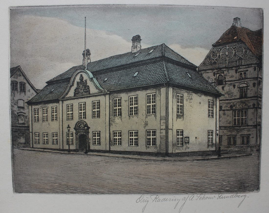 Radering i farver Anker Schouw Lundberg. Rådhuset i Aalborg 1926 | DBA