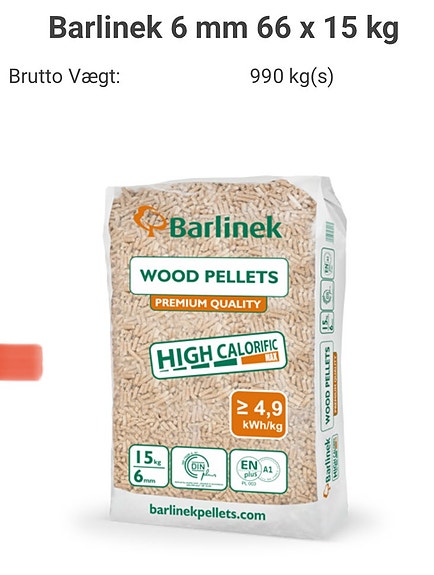 Barlinek træpiller 6 mm, 15 kg sække - 1050 kg - 2 paller haves