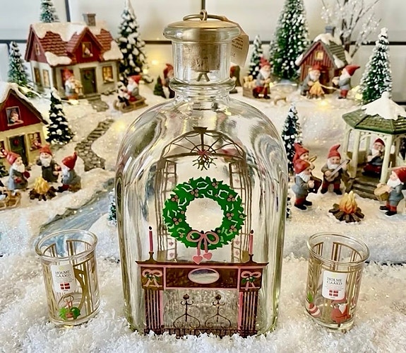 Holmegaard Juleflaske (julekaraffel) og tilhørende juledramglas fra 1990