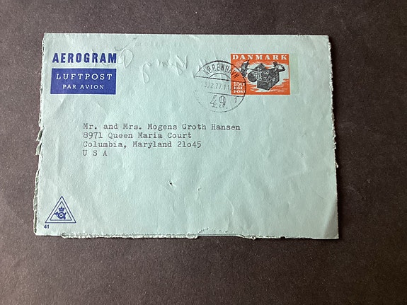 Danmark aerogram til USA år 1977